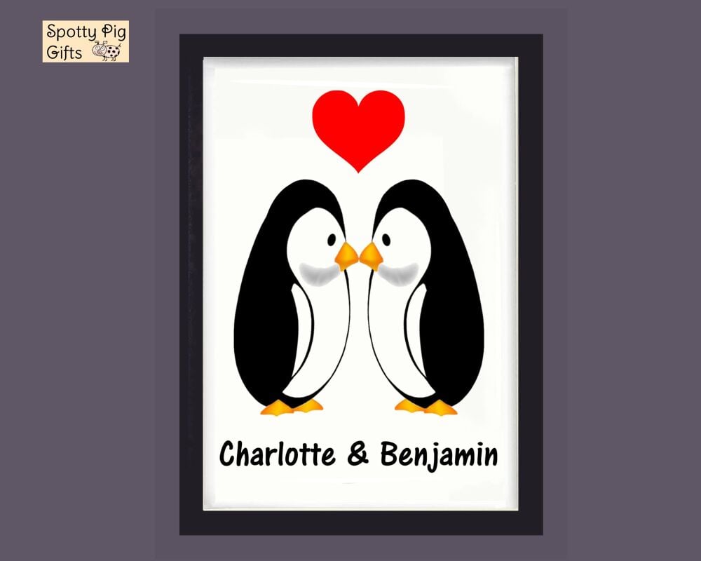 Personalised Penguins Print Poster Picture Wall Art Framed Couple Gift Love A3, A4, A5