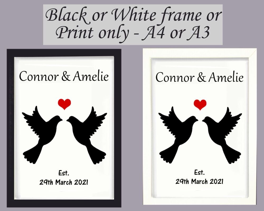 Personalised Doves Print Poster Picture Wall Art Framed Couple Gift Love A3, A4, A5