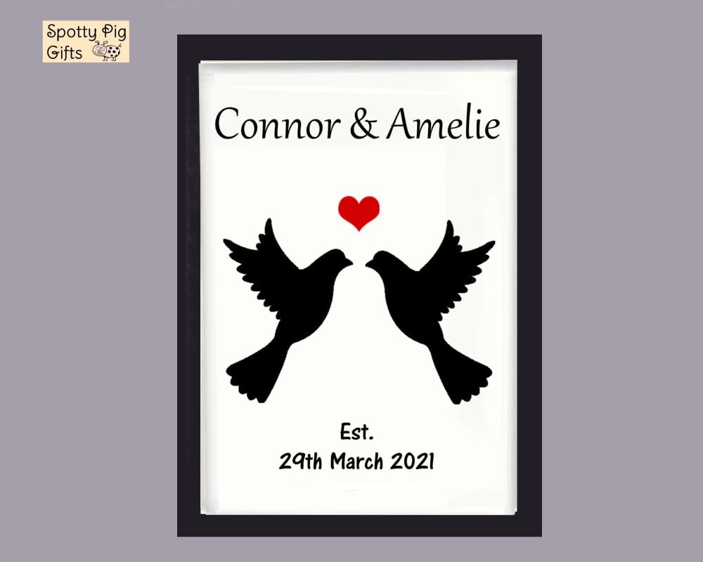 Personalised Doves Print Poster Picture Wall Art Framed Couple Gift Love A3, A4, A5