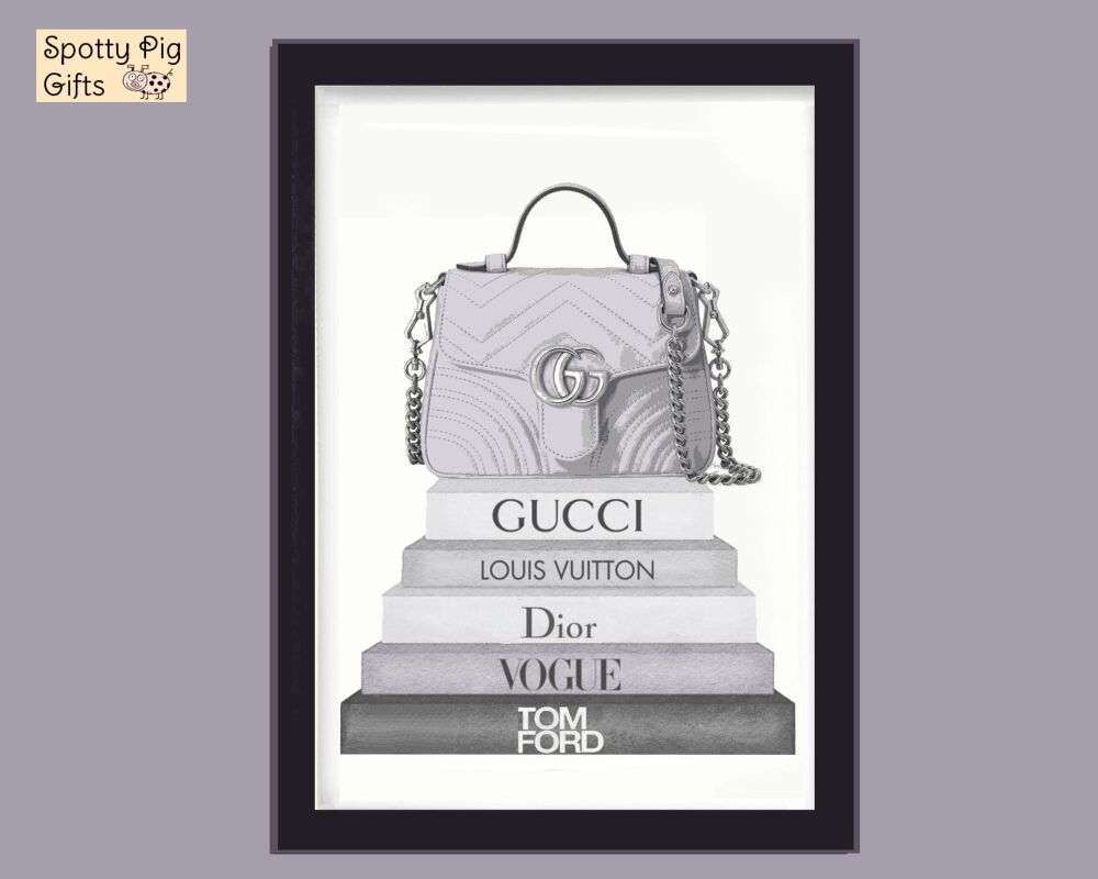 Fashion Prints Wall Art Designer Set of 2 Grey Books Handbags Shoes Framed Picture Poster A3, A4, A5