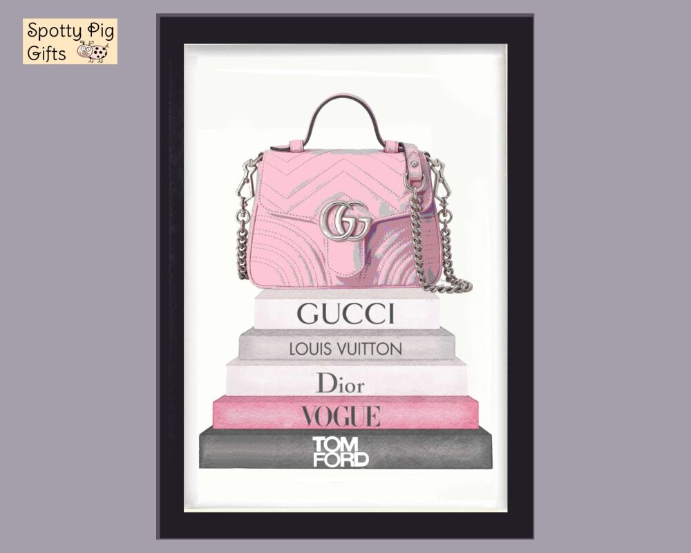 Fashion Prints Wall Art Designer Set of 2 Pink Books Handbags Shoes Framed Picture Poster A3, A4, A5