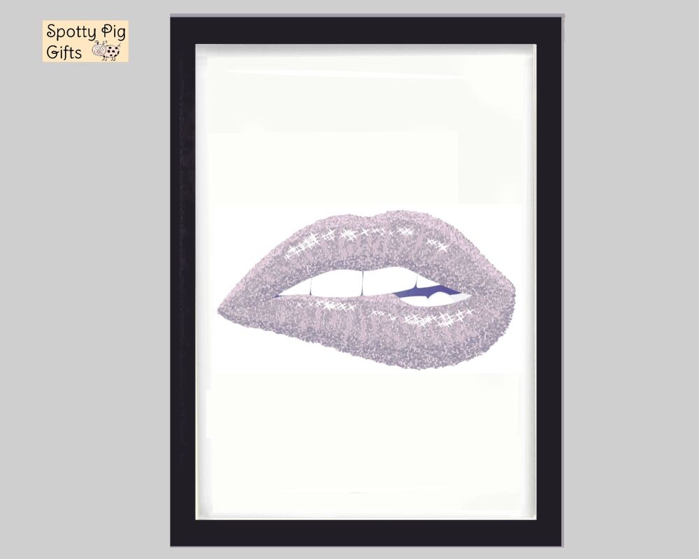 Fashion Print Wall Art Lips Biting Grey Framed Picture Poster Home Decor Lounge A3, A4, A5