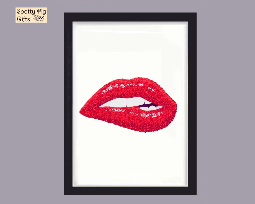 Fashion Print Wall Art Lips Biting Red Framed Picture Poster Home Decor Lounge A3, A4, A5