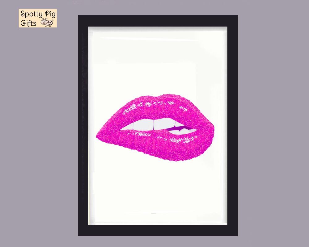 Fashion Print Wall Art Pink Lips Biting Framed Picture Poster Home Decor Lounge A3, A4, A5