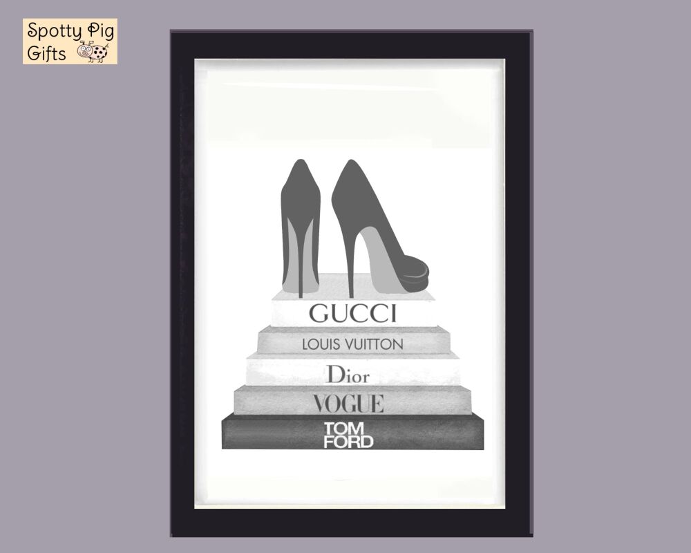 Fashion Print Wall Art Designer Grey Shoes on Book Stack, Framed Picture Poster Home Decor Lounge A3, A4, A5