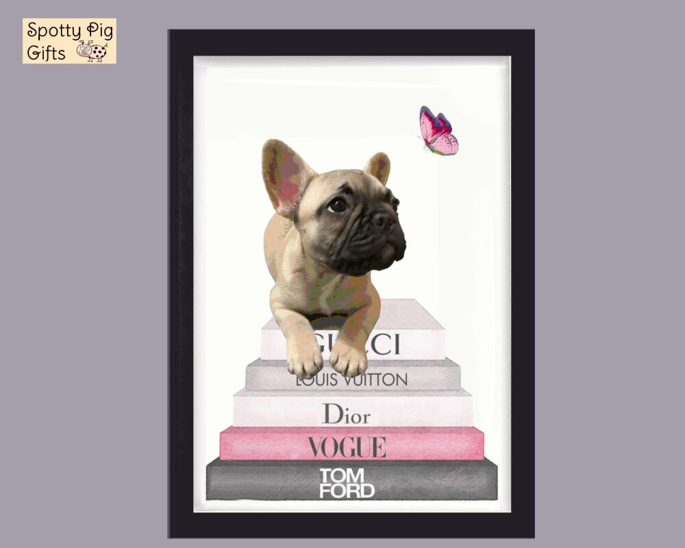 Fashion Print Designer Wall Art Pink Bulldog and Butterfly Framed Picture Poster Home Decor Lounge A3, A4, A5