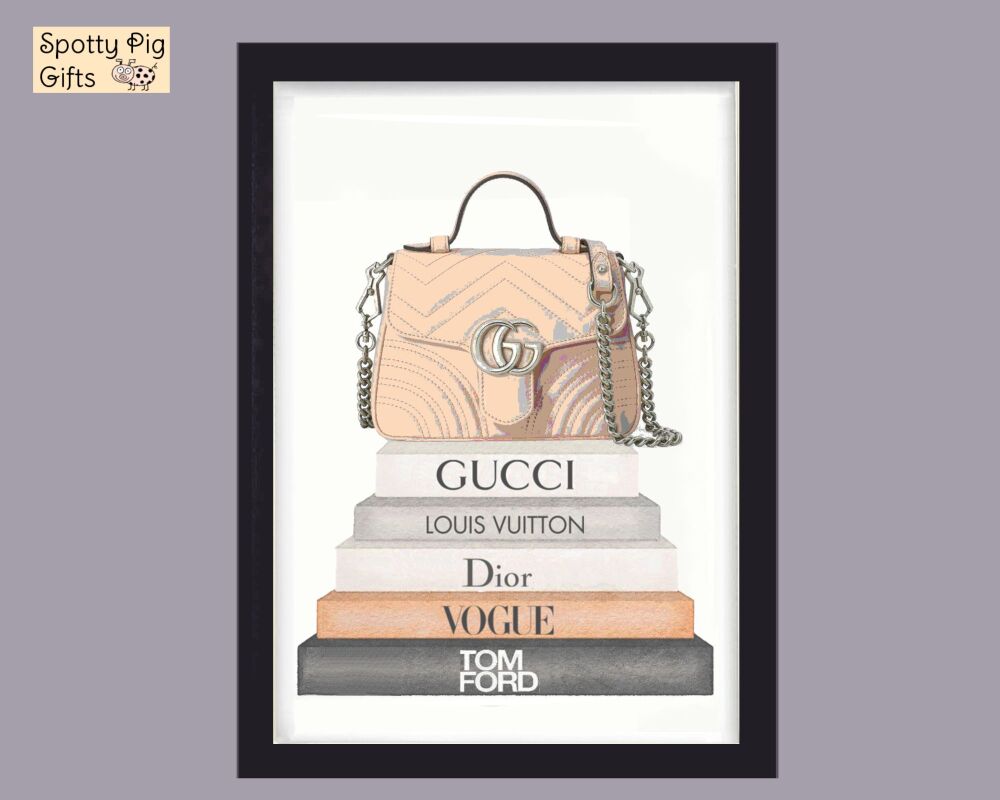 Fashion Print Wall Art Designer Peach Handbag on Book Stack Framed Picture Poster Home Decor Lounge A3, A4, A5