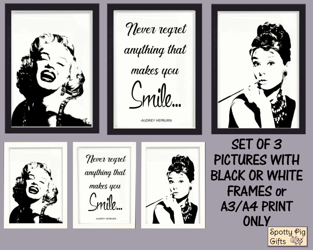 <!-- A37 -->Prints Wall Art Set of 3 Marilyn Monroe Audrey Hepburn & Quote 