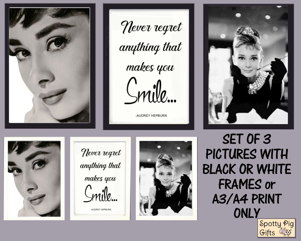 Prints Wall Art Set of 3 Audrey Hepburn & Quote Smile Framed or Unframed A3, A4, A5 Picture Poster, Breakfast at Tiffanys