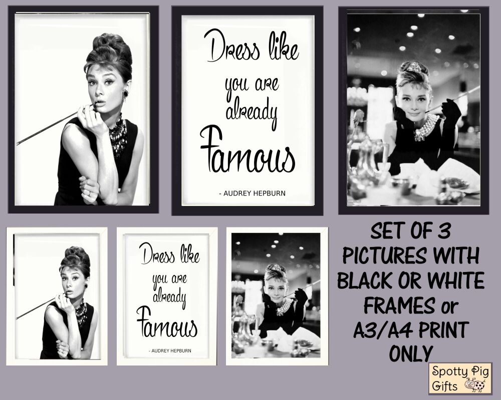 Prints Wall Art Set of 3 Audrey Hepburn & Quote  A3, A4, A5 Famous Framed or Unframed Picture Poster, Breakfast at Tiffanys