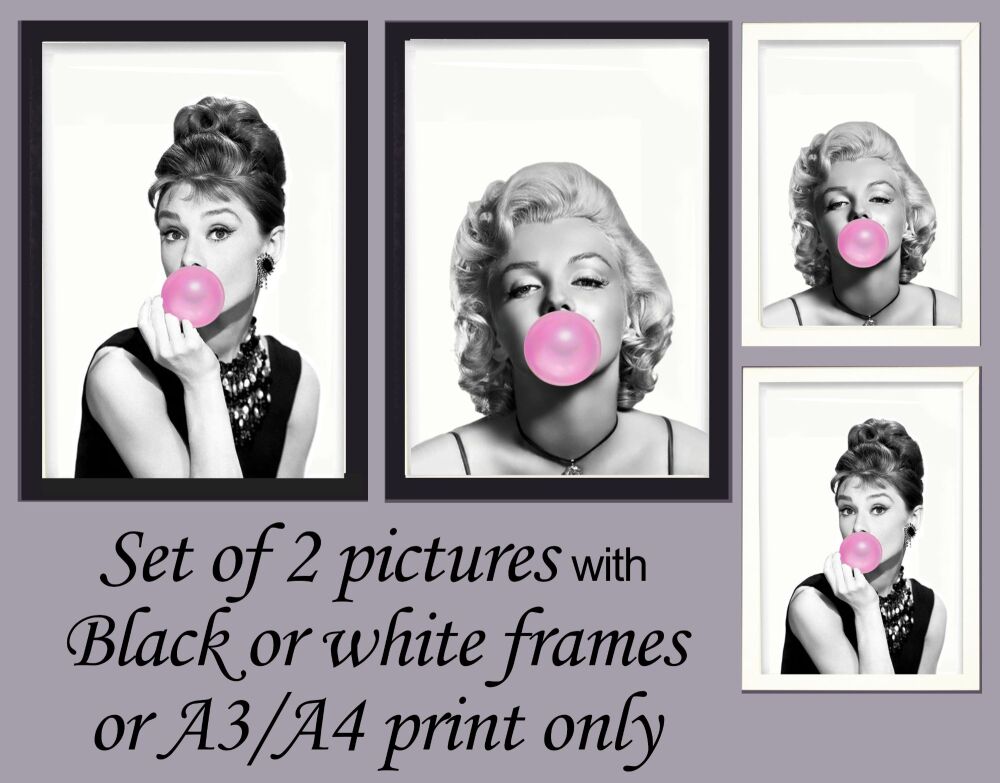 Prints Wall Art Set of 2 Marilyn Monroe & Audrey Hepburn Bubblegum Framed or Unframed A3, A4, A5 Picture Poster Hollywood Icon