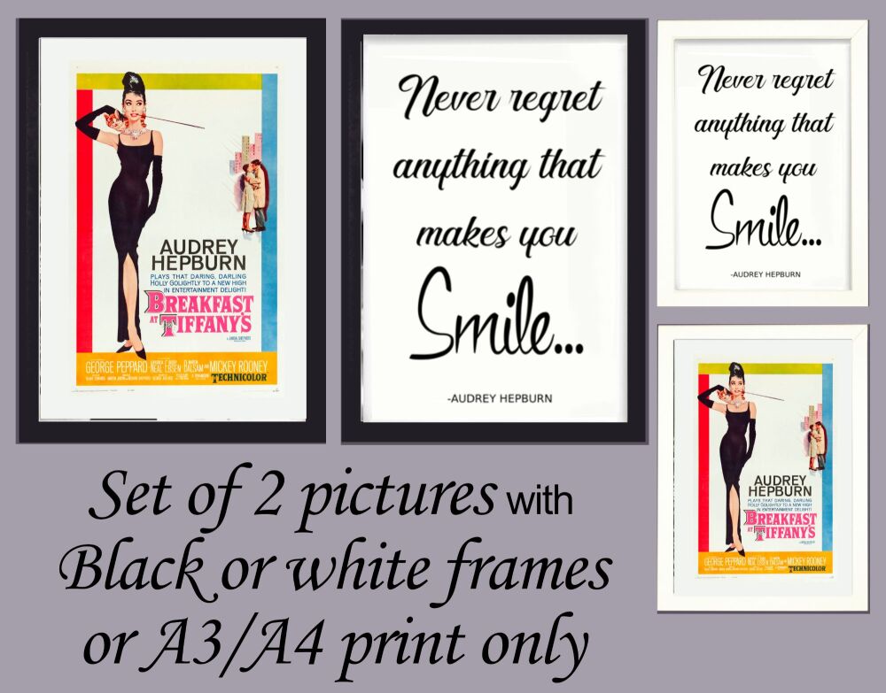 Prints Wall Art Set of 2 Audrey Hepburn Breakfast at Tiffany's & Quote Smile Framed or Unframed  A3, A4, A5 Picture Poster Hollywood IconB