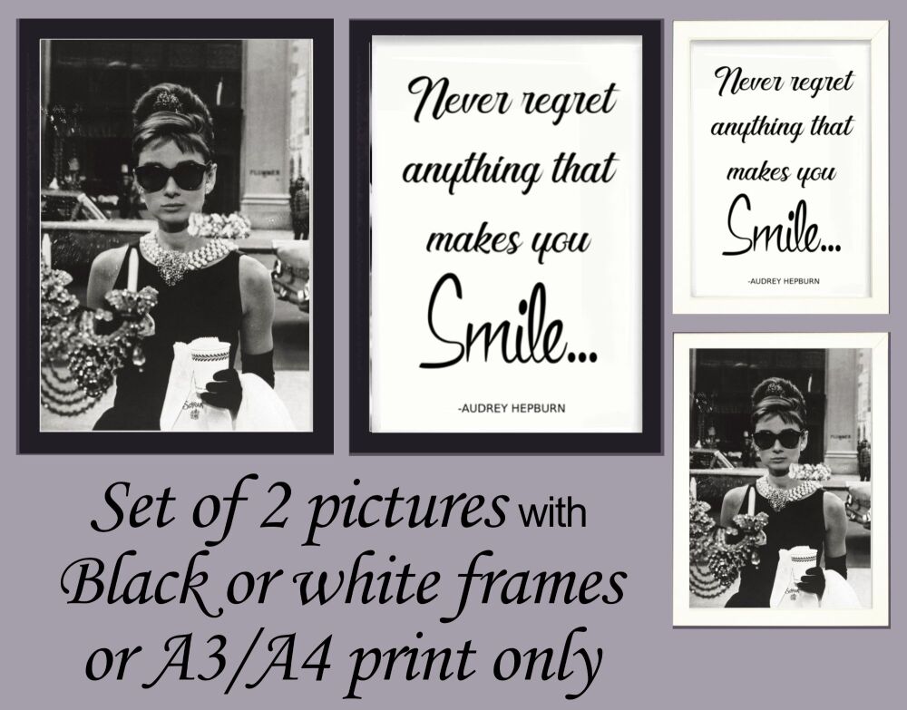 Prints Wall Art Set of 2 Audrey Hepburn Breakfast at Tiffany's & Quote Smile Framed or Unframed A3, A4, A5  Picture Poster Hollywood IconB