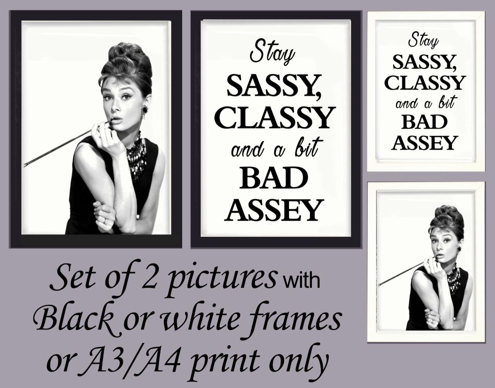 Prints Wall Art Set of 2 Audrey Hepburn Breakfast at Tiffany's & Sassy Framed or Unframed A3, A4, A5 Picture Poster