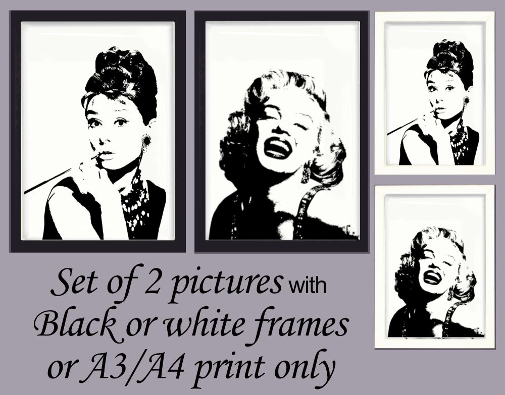 <!-- B37 -->Prints Wall Art Set of 2 Marilyn Monroe & Audrey Hepburn Monoch