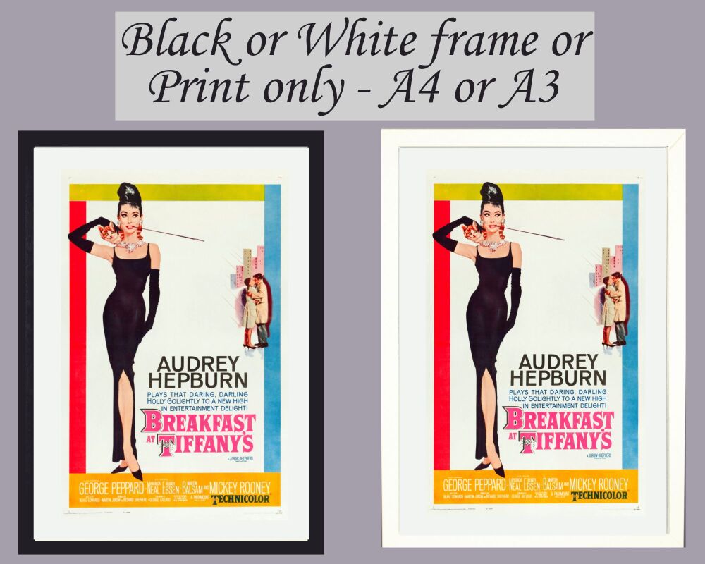 Print Wall Art Audrey Hepburn Picture Poster Breakfast at Tiffany's Framed or Unframed,  A3, A4, A5 Film, Movies, Hollywood star