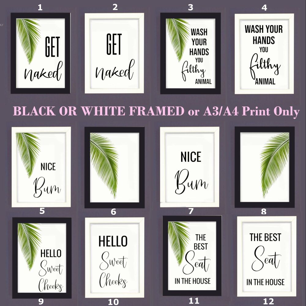 Bathroom Wall Art Palm Leaf Humour Print Quote Picture Poster Cheeky Framed or Unframed A3, A4, A5