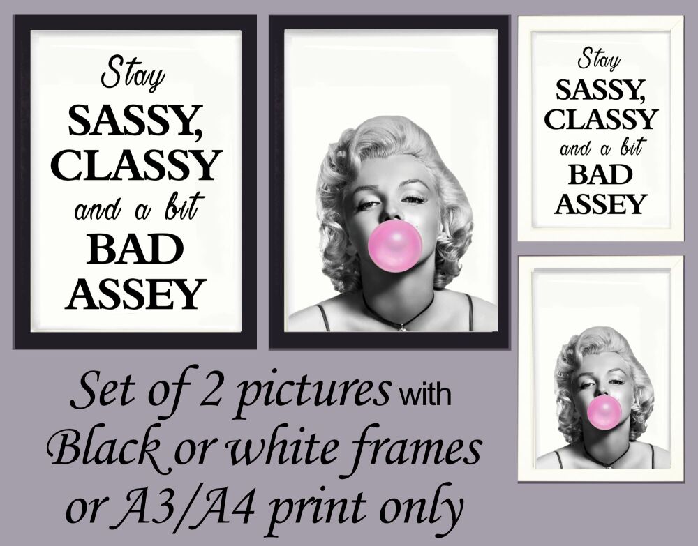Prints Wall Art Set of 2 Marilyn Monroe & Sassy Framed or Unframed Picture Poster, A3, A4, A5 Movies Film Hollywood Stars
