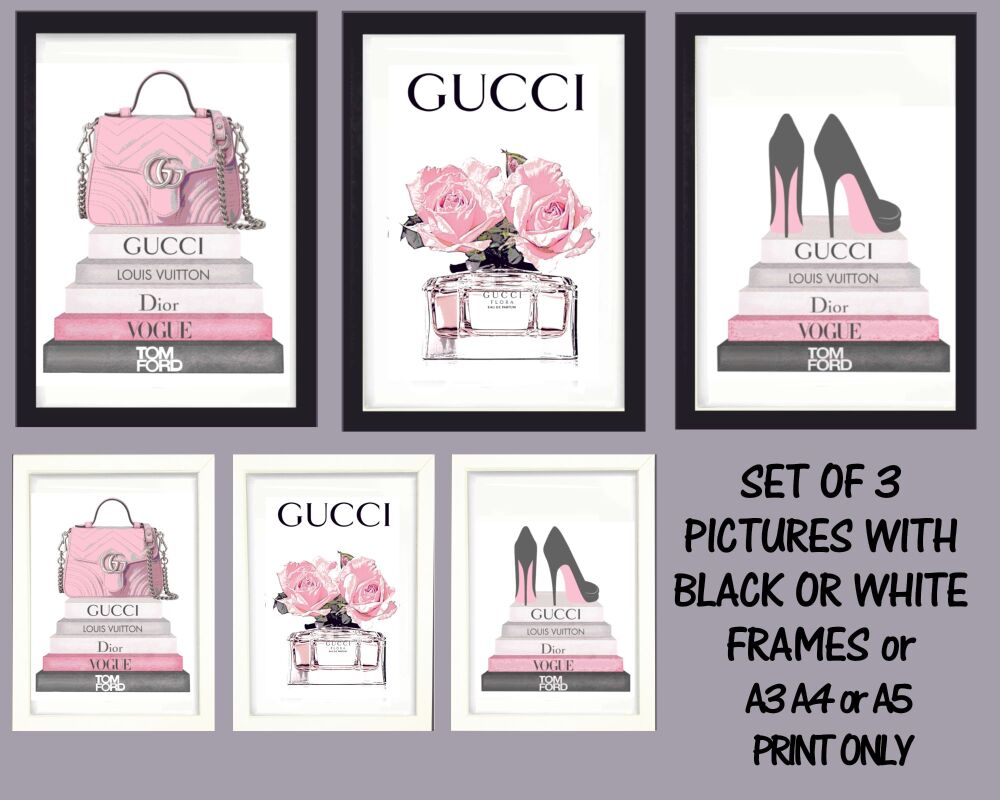 <!-- A44 -->Fashion Prints Wall Art Set of 3 Books Handbags Shoes Framed Pi