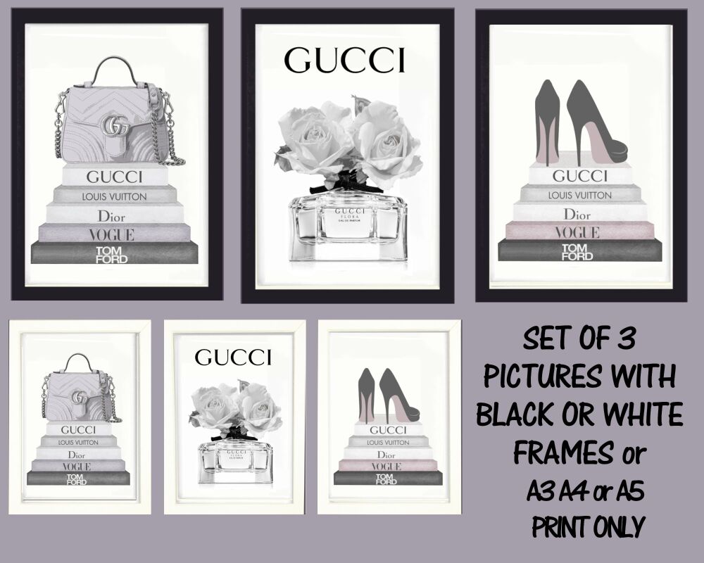 <!-- A45 -->Fashion Prints Wall Art Set of 3 Books Handbags Shoes Framed Pi