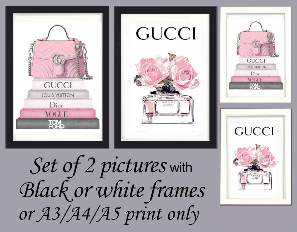 <!-- B12 -->Fashion Prints Wall Art Set of 2 Pink Books Handbags Shoes Fram