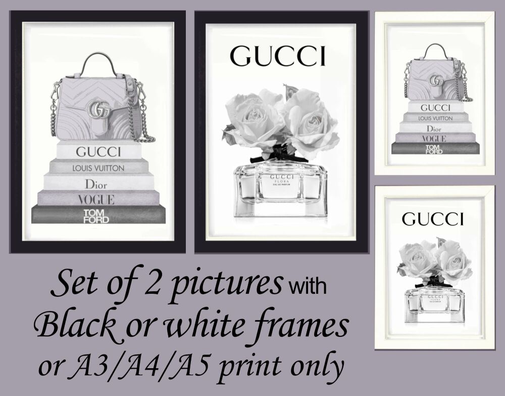 Fashion Prints Wall Art Designer Set of 2 Grey Books Handbags Shoes Framed Picture Poster A3, A4, A5