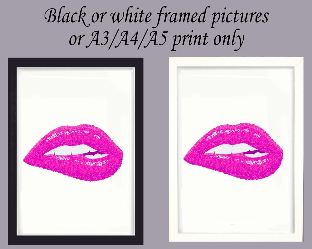Fashion Print Wall Art Pink Lips Biting Framed Picture Poster Home Decor Lounge A3, A4, A5