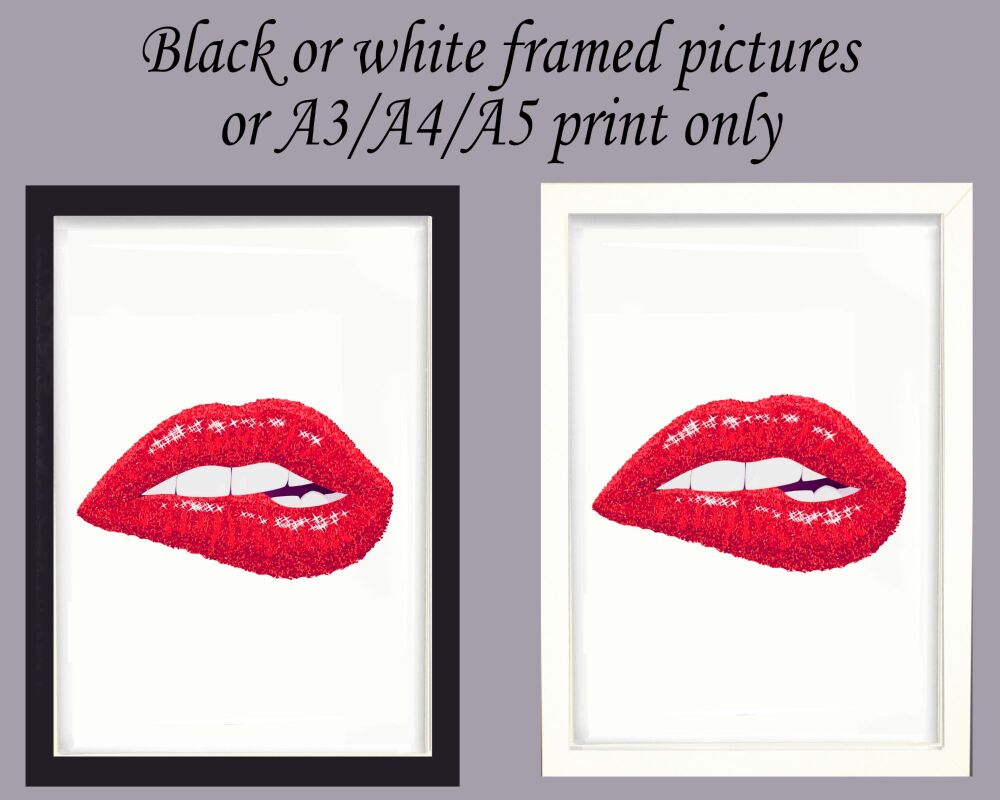 Fashion Print Wall Art Lips Biting Red Framed Picture Poster Home Decor Lounge A3, A4, A5