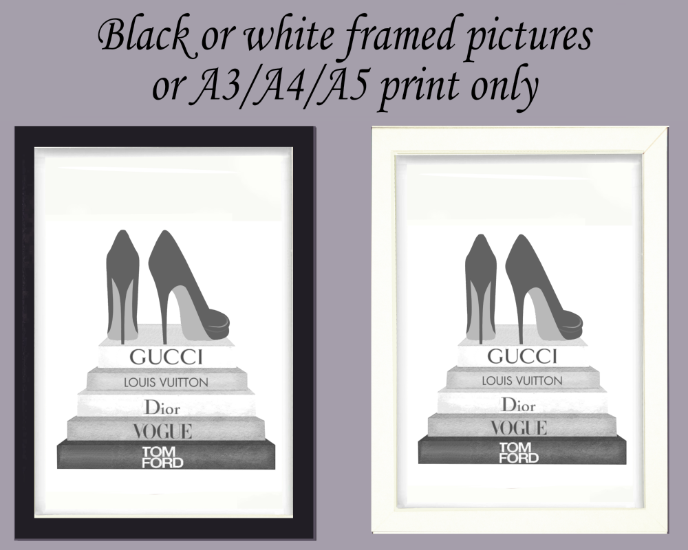 Fashion Print Wall Art Designer Grey Shoes on Book Stack, Framed Picture Poster Home Decor Lounge A3, A4, A5