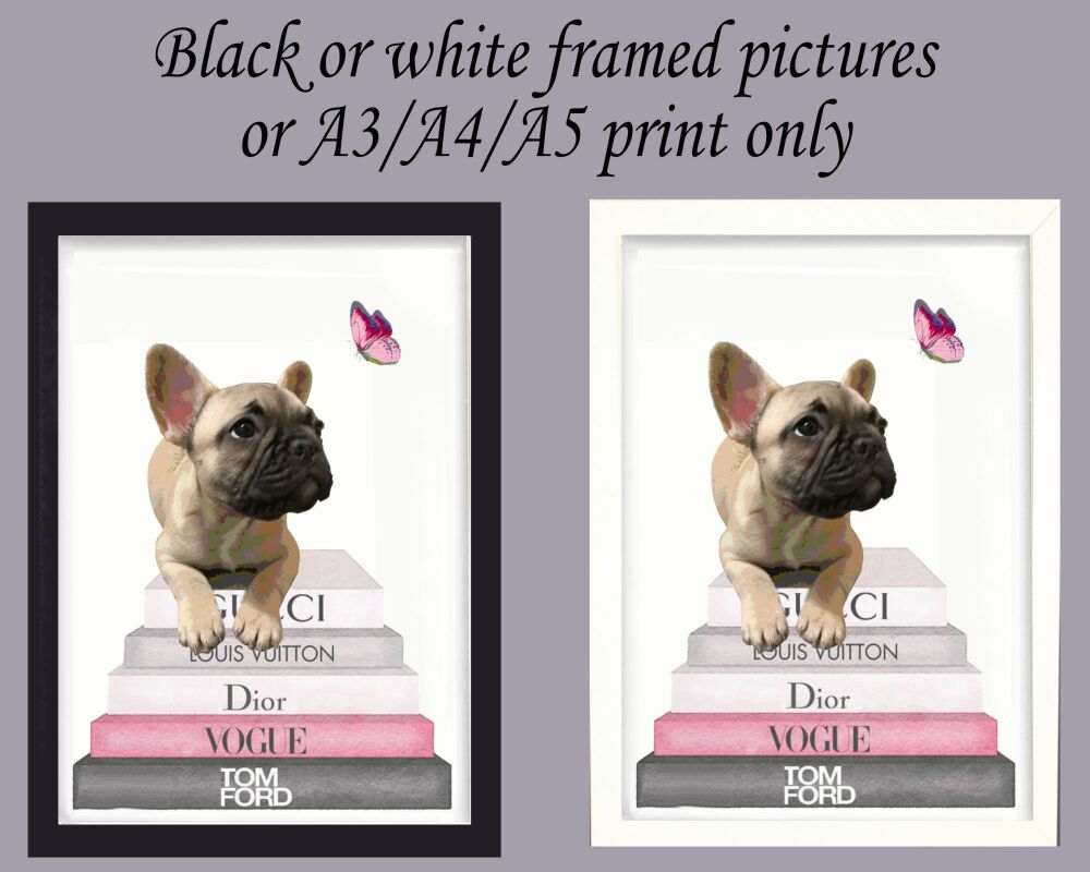 Fashion Print Designer Wall Art Pink Bulldog and Butterfly Framed Picture Poster Home Decor Lounge A3, A4, A5