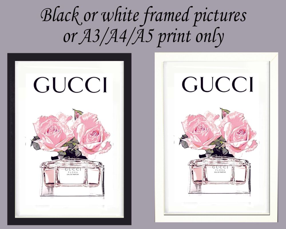 Fashion Print Wall Art Designer Perfume & Logo Floral Framed Picture Poster Home Decor Lounge, Pink, Gift A3, A4, A5