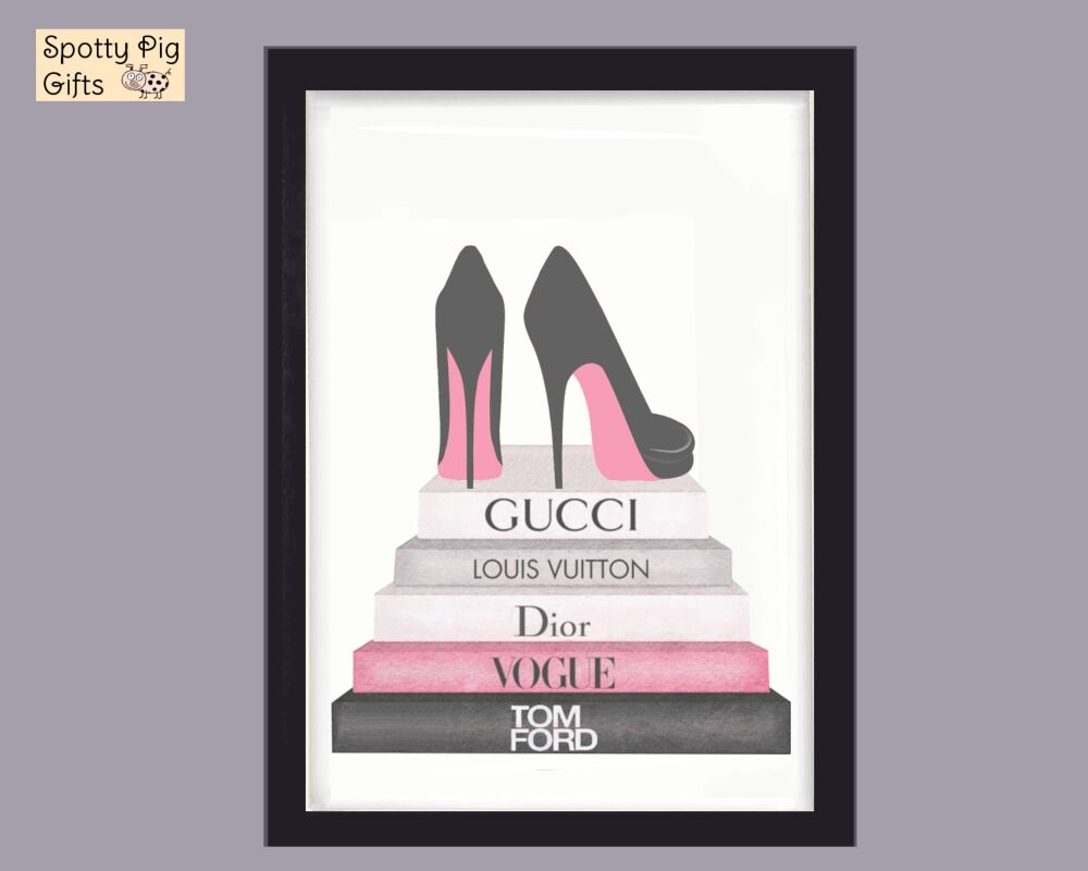 Fashion Print Wall Art Designer Pink Shoes on Book Stack, Framed Picture Poster Home Decor Lounge A3, A4, A5