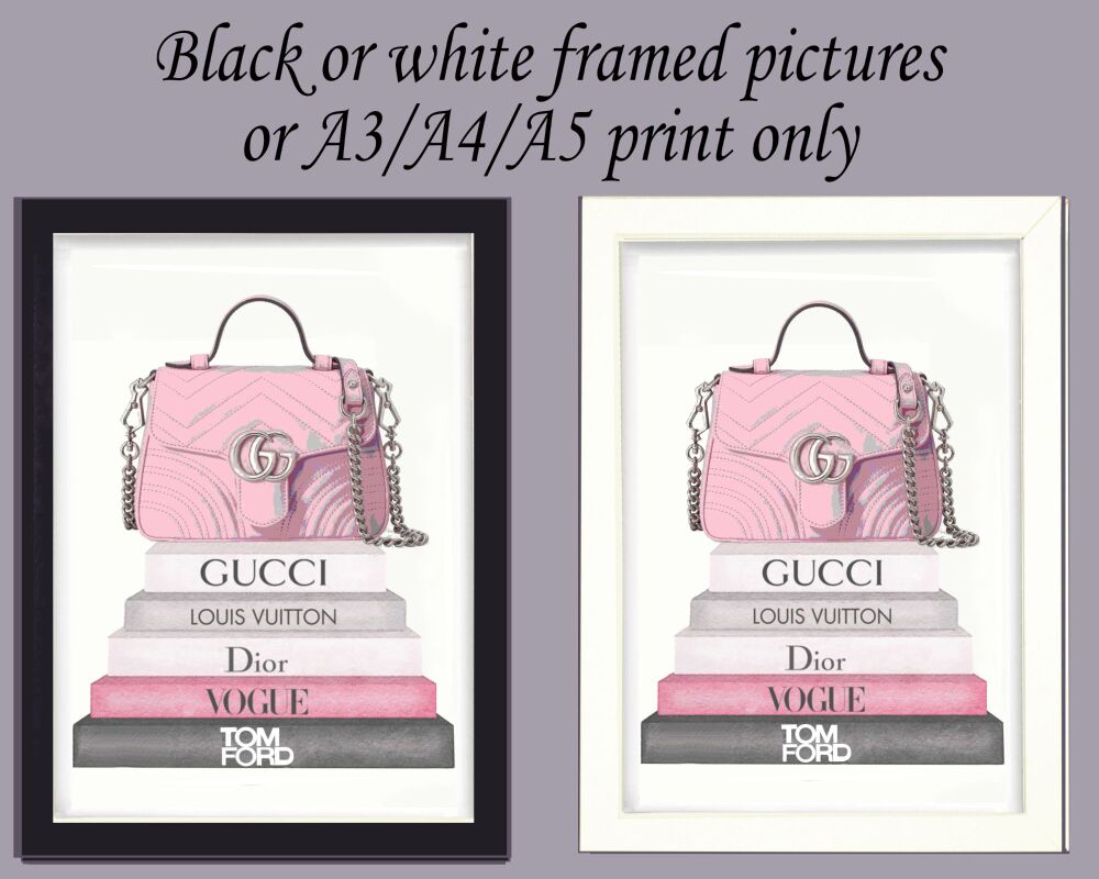 Fashion Print Wall Art Designer Pink Handbag on Book Stack Framed Picture Poster Home Decor Lounge A3, A4, A5