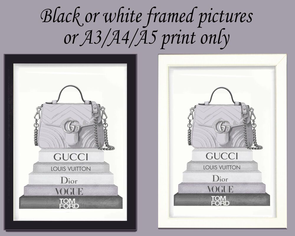 Fashion Print Wall Art Designer Grey Handbag on Book Stack Framed Picture Poster Home Decor Lounge A3, A4, A5