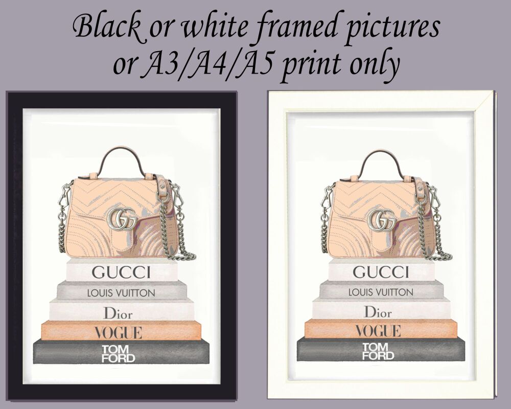 Fashion Print Wall Art Designer Peach Handbag on Book Stack Framed Picture Poster Home Decor Lounge A3, A4, A5