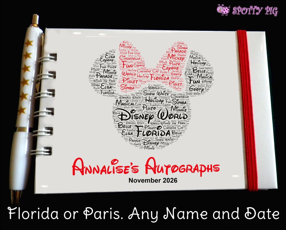 Personalised Disney Autograph Book for Paris or Florida. Red Minnie Mouse head, custom handmade holiday keepsake