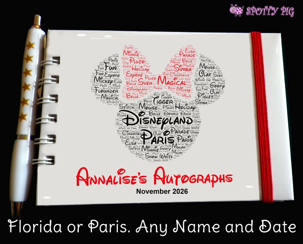 Personalised Disney Autograph Book for Paris or Florida. Red Minnie Mouse head, custom handmade holiday keepsake