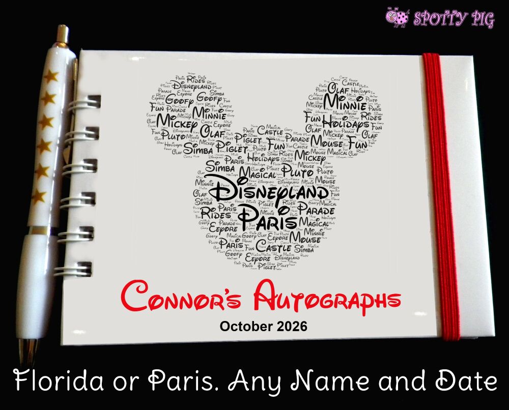 Personalised Disney Autograph Book for Paris or Florida. Mickey Mouse head made from word art, custom handmade keepsake