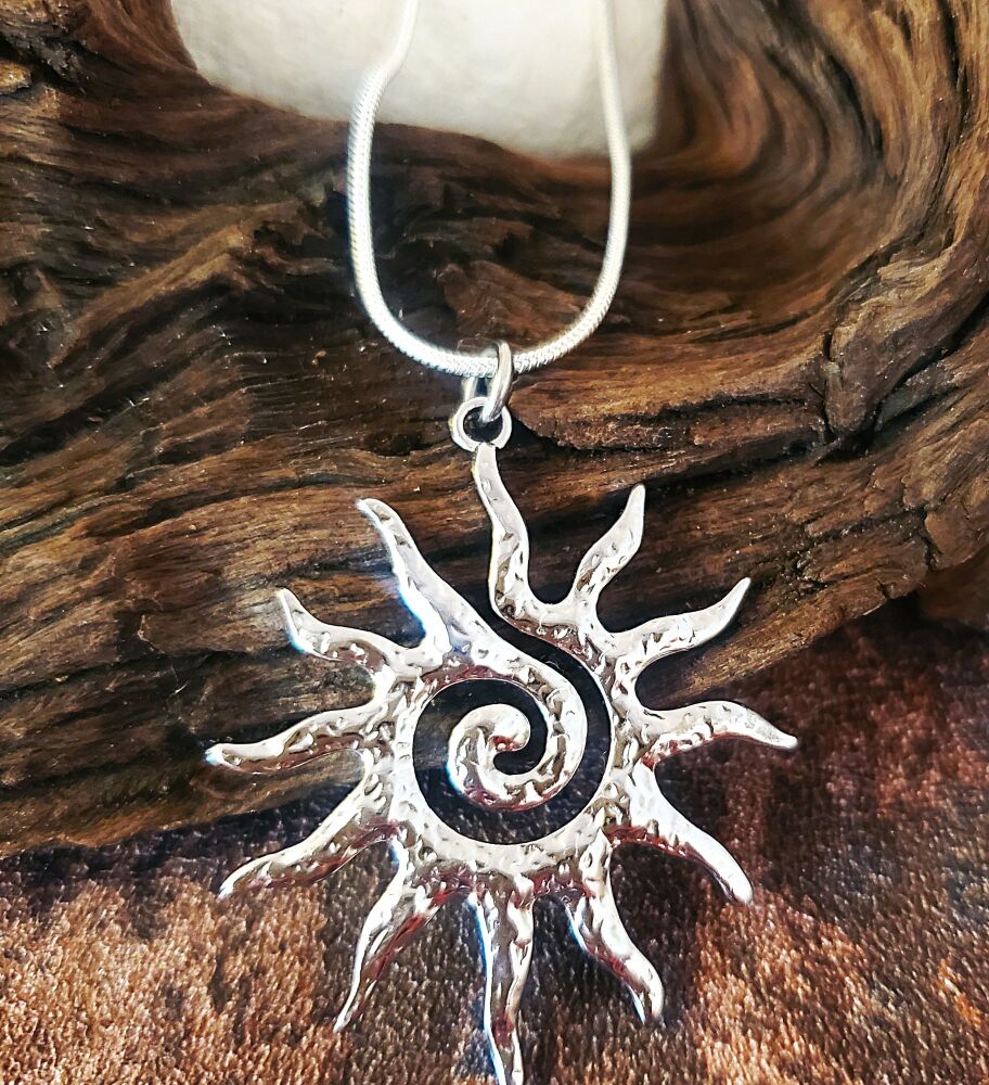 Silver Sunburst Necklace: Spiral Stainless Steel Celestial Pendant