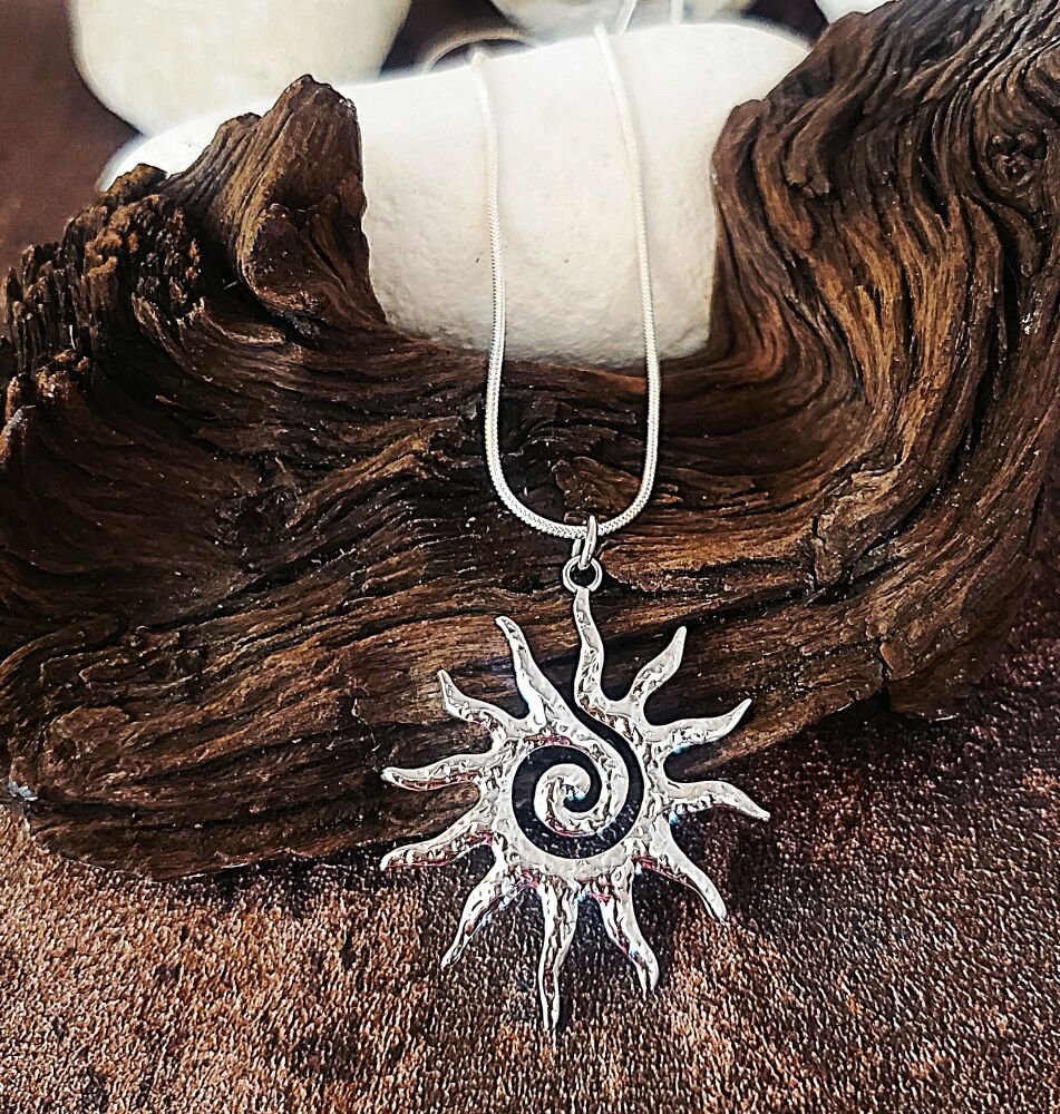Silver Sunburst Necklace: Spiral Stainless Steel Celestial Pendant