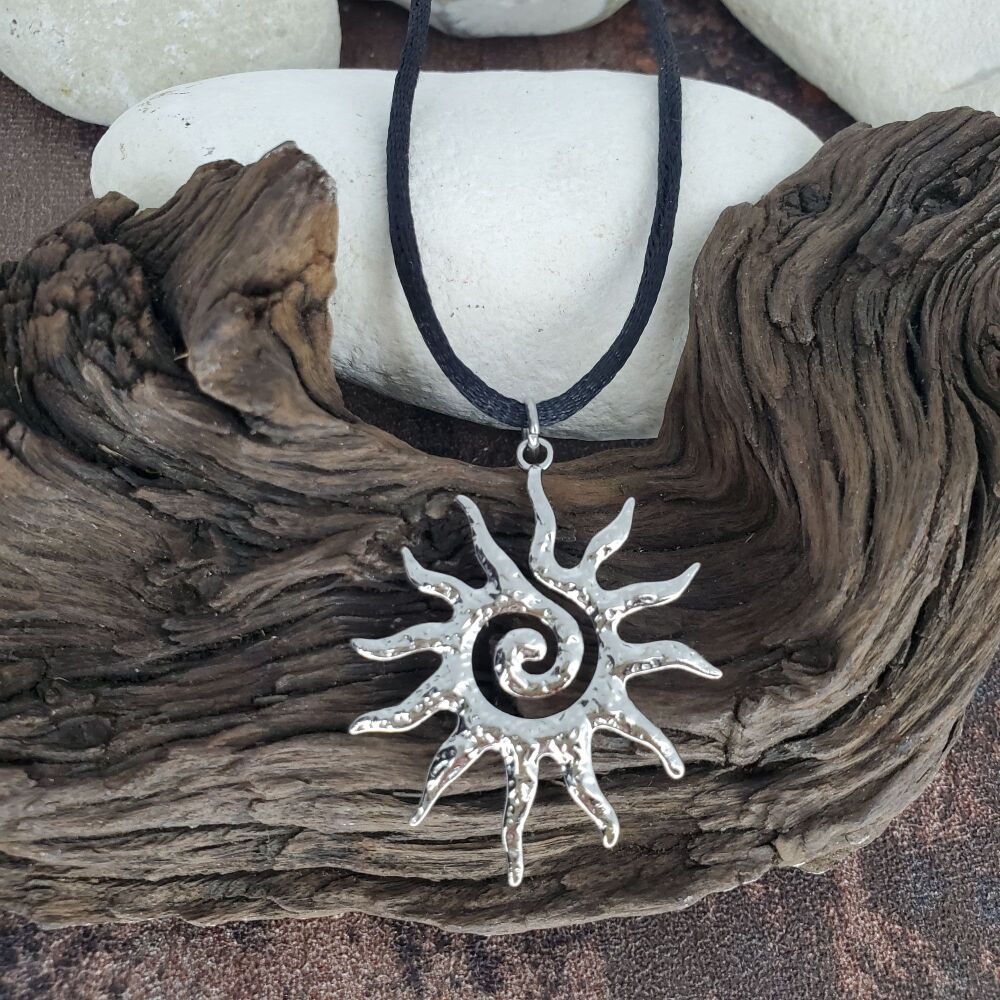 Silver Sunburst Necklace: Spiral Stainless Steel Celestial Pendant