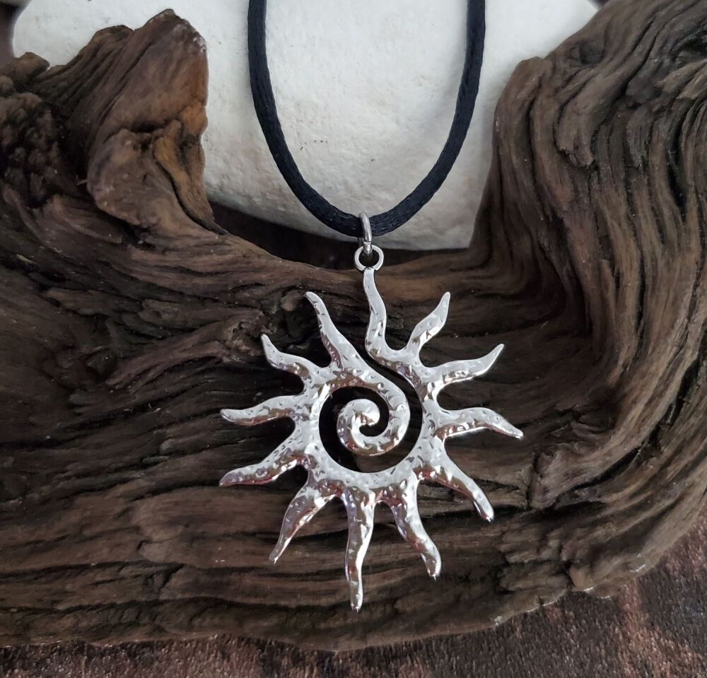 Silver Sunburst Necklace: Spiral Stainless Steel Celestial Pendant