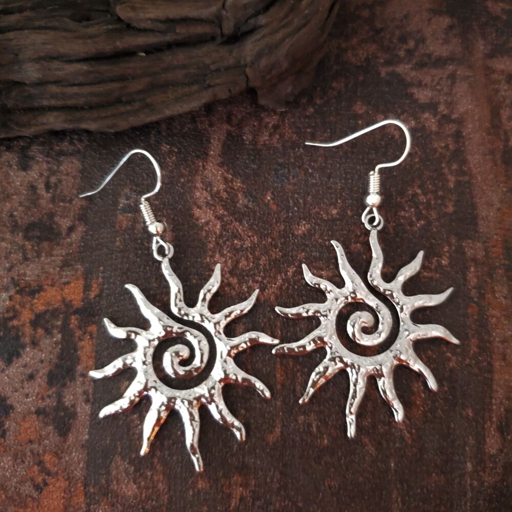 Sunburst Earrings Silver Spiral Sun Rays Statement Eye Catching Celestial Anti tarnish