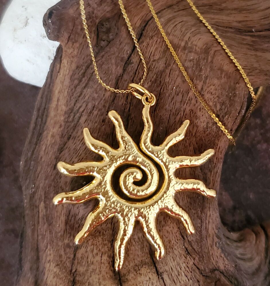 Gold Sunburst Necklace: Spiral Stainless Steel Celestial Pendant