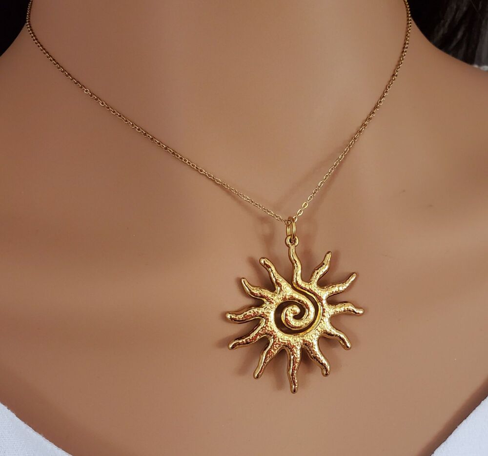 Gold Sunburst Necklace: Spiral Stainless Steel Celestial Pendant