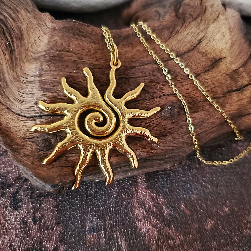 Gold Sunburst Necklace: Spiral Stainless Steel Celestial Pendant