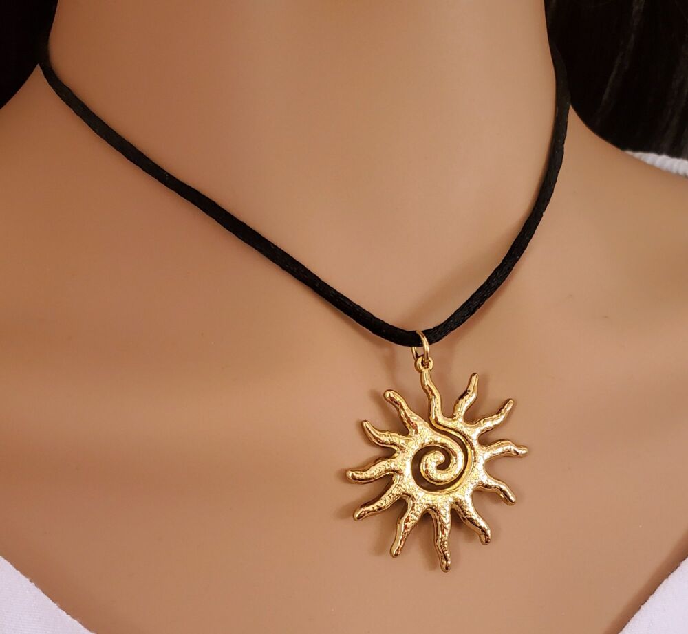 Gold Sunburst Necklace: Spiral Stainless Steel Celestial Pendant, Black Satin Cord Chain