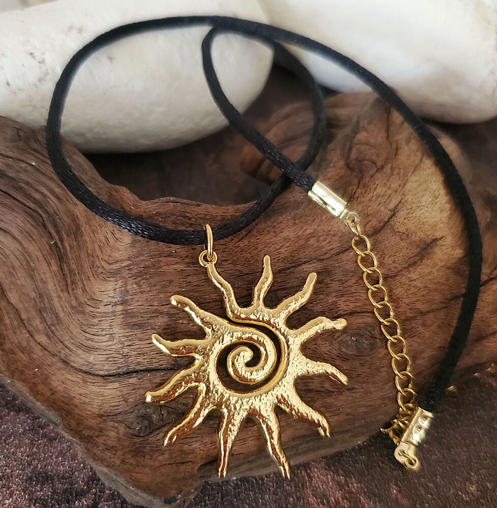 Gold Sunburst Necklace: Spiral Stainless Steel Celestial Pendant, Black Satin Cord Chain