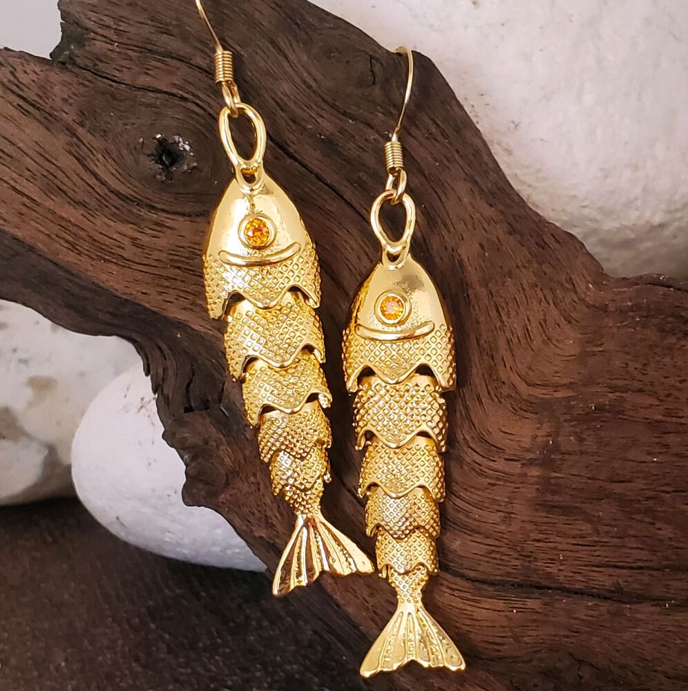 Fish Earrings Gold Articulated Statement Jewellery