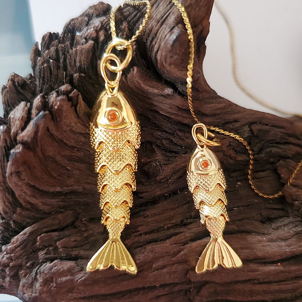 Gold Articulated Fish Necklace: Small or Large fish Pendant with Serpentine Chain